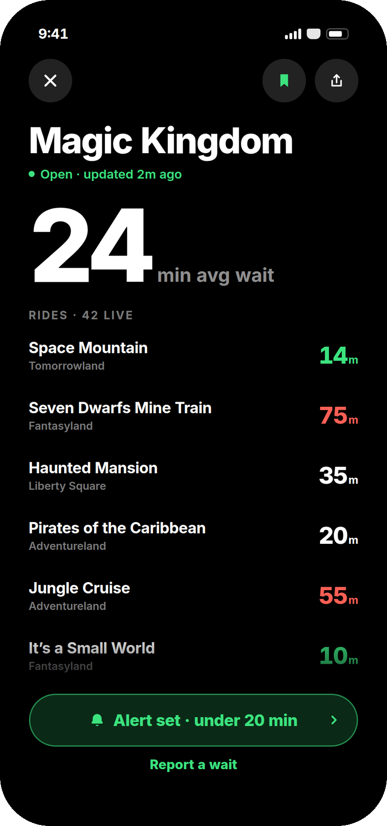 A park board listing every ride with its live wait
