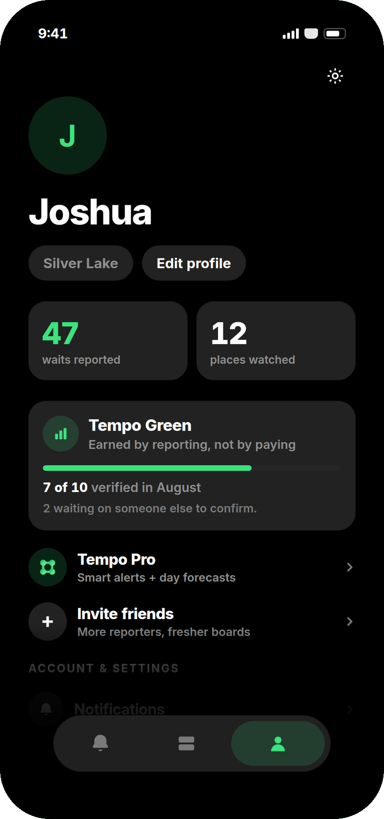 The profile screen showing Tempo Green progress