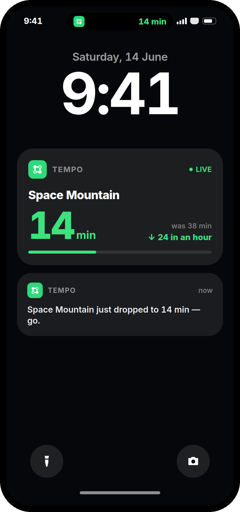 A Lock Screen with the Tempo Live Activity counting down